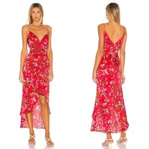 Sau Lee Sofia Satin Floral Print Ruched Midi Dress in Red Garden Size US 4